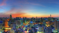 Landscapes sunset blue clouds Skyscrapers City Lights Bangkok 