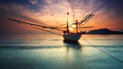 Landscapes sunset Boats lakes