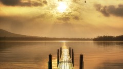 Landscapes sunset Bridges lakes fantasy art