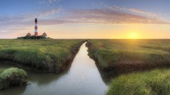 Landscapes sunset creek nature clouds fields