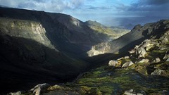 Landscapes sunset creek nature water Mountains clouds moss 