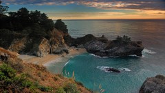 Landscapes sunset creek Sea nature Trees water hills California 