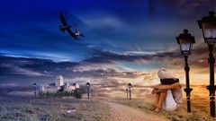 Landscapes sunset dreams grass blue clouds Birds paths Castles 