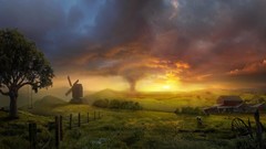 Landscapes sunset Flowers Trees grass clouds farm houses fences 
