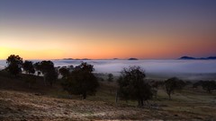 Landscapes sunset fog nature grass Mountains ocean light Green 