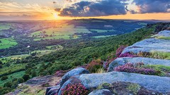 Landscapes sunset fog nature grass Mountains ocean light Green 