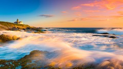 Landscapes sunset fog nature grass Mountains ocean light Green 