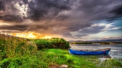 Landscapes sunset fog nature grass Mountains ocean light Green 