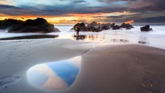 Landscapes sunset fog nature grass Mountains ocean light Green 