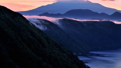 Landscapes sunset fog nature hills Japan lakes mist forests