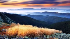 Landscapes sunset fog nature Trees grass Mountains clouds hills 