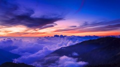 Landscapes sunset fog nature Trees Mountains clouds hills China 