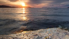 Landscapes sunset fog nature Trees Mountains ocean Green calm 