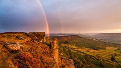 Landscapes sunset fog nature Trees Mountains ocean Green cloud 