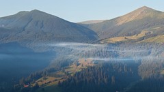 Landscapes sunset fog nature Trees Mountains ocean Green cloud 