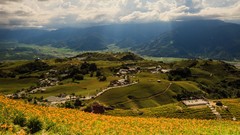 Landscapes sunset fog nature Trees Mountains ocean Green cloud 