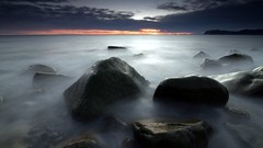 Landscapes sunset fog water ocean Earth rocks mist