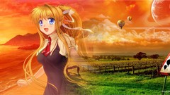 Landscapes sunset grass Anime air blondes anime girls blue eyes 