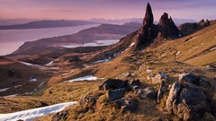 Landscapes sunset grass snow water dawn Scotland rocks lakes 