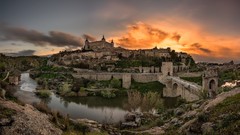 Landscapes sunset grass water clouds Spain Castles cities 