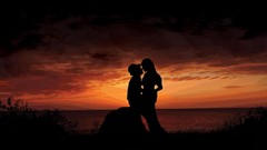 Landscapes sunset Men woman romantic kissing skies