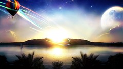 Landscapes sunset moon Balloons lakes digital art