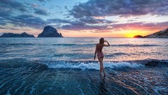 Landscapes sunset Mountains clouds ocean woman blondes tattoos 