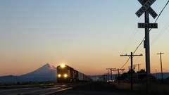 Landscapes sunset Mountains lights pole railroad tracks trains 