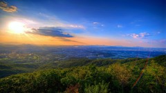 Landscapes sunset nature blue clouds hills Green skies 