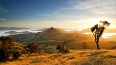 Landscapes sunset nature clouds hills New Zealand fields rivers