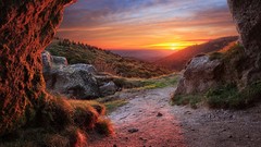 Landscapes sunset nature clouds hills The Cave