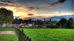 Landscapes sunset nature grass clouds houses