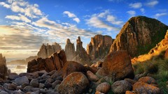 Landscapes sunset nature grass clouds ocean rocks cove