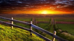 Landscapes sunset nature grass fences fields artwork
