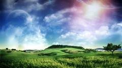 Landscapes sunset nature grass sun Mountains clouds fields 