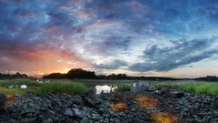 Landscapes sunset nature grass sun Mountains clouds lakes 