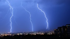 Landscapes sunset nature grass sun Mountains clouds Lightning 