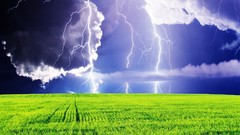 Landscapes sunset nature grass sun Mountains clouds Lightning 