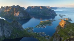 Landscapes sunset nature grass water blue ocean hills Green bay 