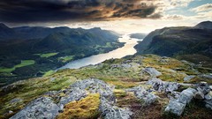 Landscapes sunset nature grass water hills Norway skies Dark 