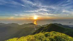 Landscapes sunset nature grass yellow water blue clouds ocean 
