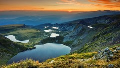 Landscapes sunset nature grass yellow water blue Mountains 