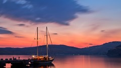 Landscapes sunset nature Mountains Boats lakes