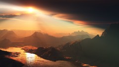 Landscapes sunset nature Mountains lakes sun rays Golden River