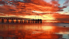 Landscapes sunset nature ocean red reflections piers