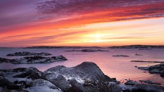 Landscapes sunset nature snow evening sweden rocks Beaches