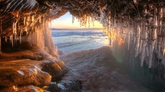 Landscapes sunset nature snow ocean white Stalactites ice cave 