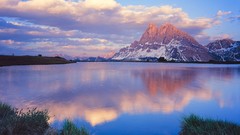 Landscapes sunset nature snow water Mountains clouds white 