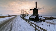 Landscapes sunset nature snow winter windmills natural scenery