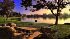Landscapes sunset nature Trees bench lakes Parks HDR Photography